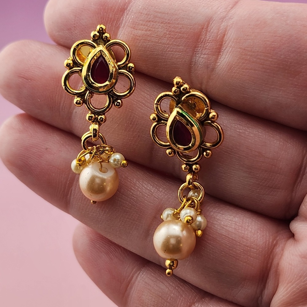 Gold Tone Red Teardrop Faux Pearl Dangle Earrings Indian Bridal Statement Ornate